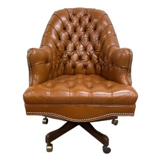 Vintage Tufted Leather Tacked Nailhead Trim Swivel Office Chair For Sale
