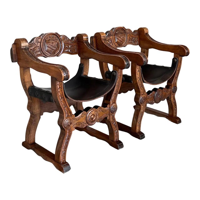 19th Pair of Carved Walnut Leather Savonarola Bench or Settee For Sale