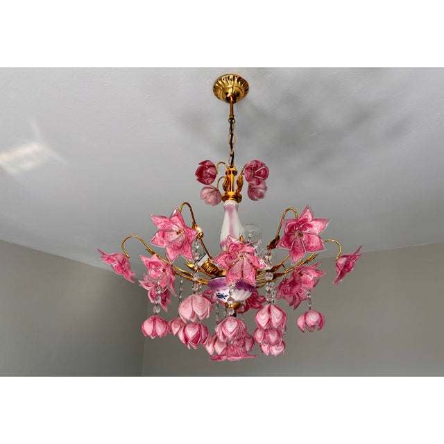 Vintage Murano Style Large Chandelier, Pink Floral Chandelier, Bouquet Style Ceiling Light, 4-Light Flush Mount For Sale - Image 12 of 16