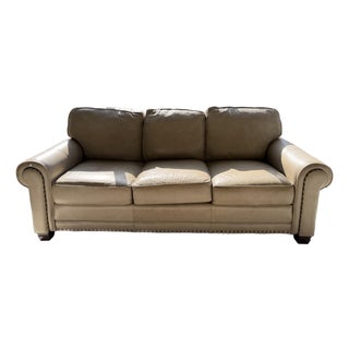 Smith Brothers 393 Beige Leather Three-Seat Sofa With Rolled Arms and Nailhead Trim For Sale