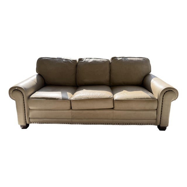 Smith Brothers 393 Beige Leather Three-Seat Sofa With Rolled Arms and Nailhead Trim For Sale