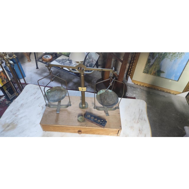 Antique French Brass Apothecary Balance Scale with Original Weights, 1890s For Sale - Image 3 of 5