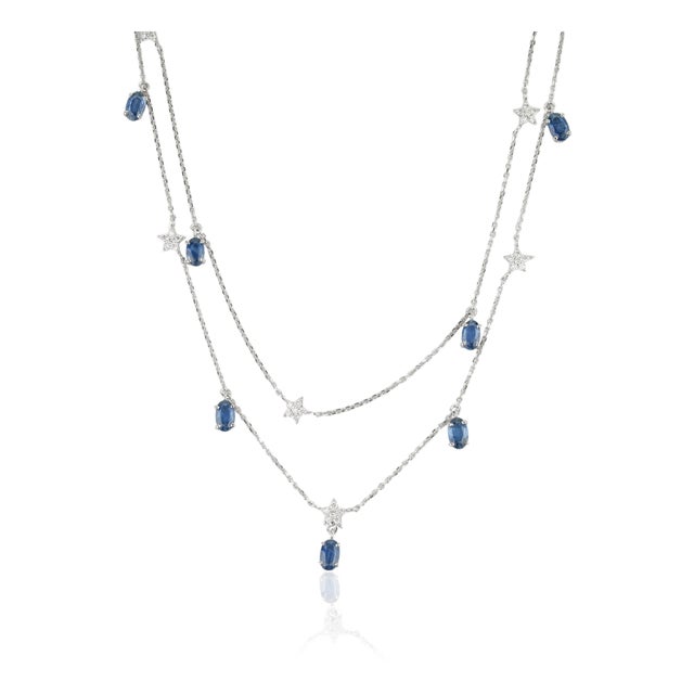 Celestial 2.84ct Sapphire & Diamond Double-Layer Star Station Necklace 14k Gold For Sale