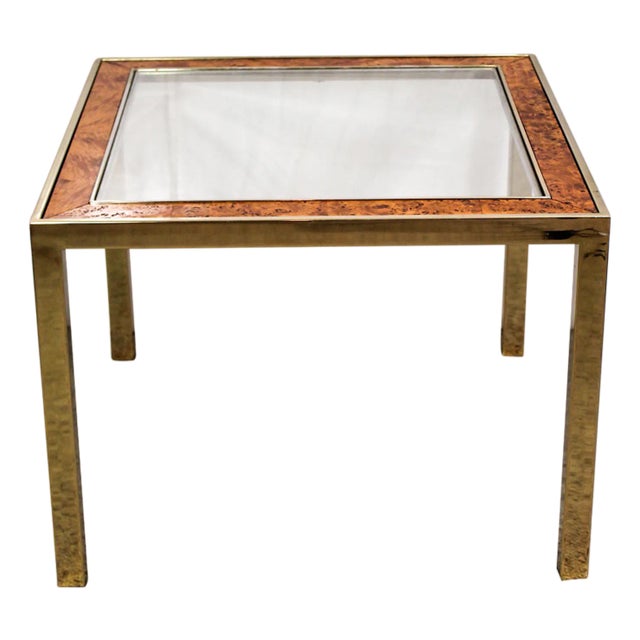 1960s Mid Century Modern Burl Wood & Brass Square Side Table With Glass Top, Manner of Mastercraft For Sale