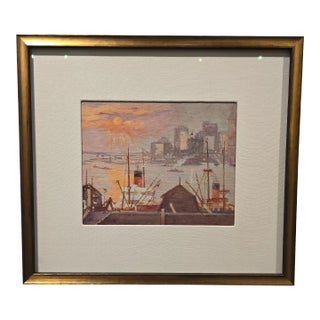 Antique 1930s Lucien Biva New York Brooklyn Skyline Painting For Sale