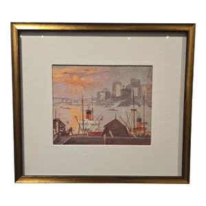 Antique 1930s Lucien Biva New York Brooklyn Skyline Painting