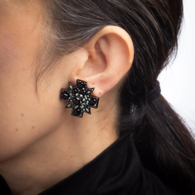 Gothic Chanel Large Black Cross Earrings c2011 Clip On Green Enamel CC Logo Gothic - 2 Pieces For Sale - Image 3 of 4