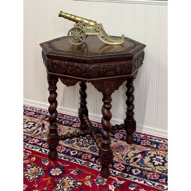 Late 19th Century Antique French Octagonal Table Renaissance Revival Carved Barley Twist Oak 19thC For Sale - Image 5 of 16