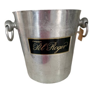 Vintage French Champagne Bucket – Pol Roger Double-Sided Label – Aluminum Wine Cooler With Ring Handles For Sale