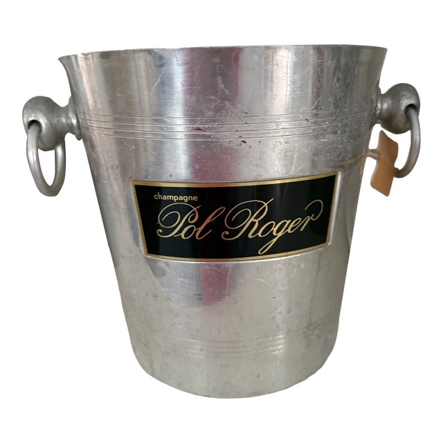 Vintage French Champagne Bucket – Pol Roger Double-Sided Label – Aluminum Wine Cooler With Ring Handles For Sale