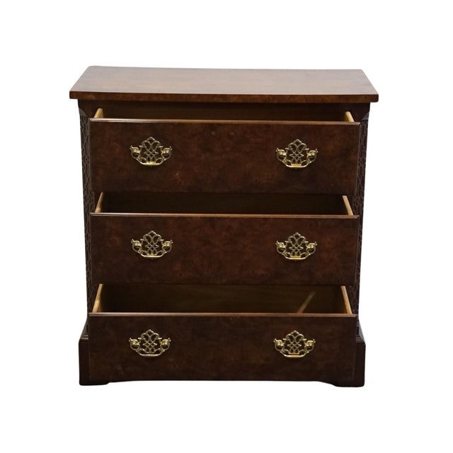 Late 20th Century Late 20th Century Baker Furniture Solid Burled Walnut Traditional Chippendale Style 30" Three Drawer Nightstand For Sale - Image 5 of 12