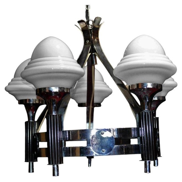 Art Deco French Five-Light Chrome, Bakelite & Opaline Glass Chandelier, 1930s For Sale - Image 18 of 18