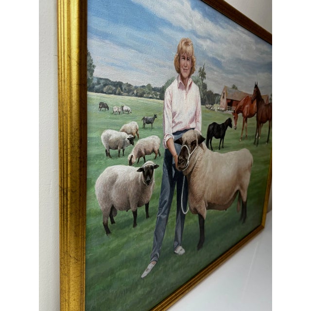 British Oil Portrait Painting Camilla Parker Bowles at Wiltshire Farm Prized Sheep & Horses, Signed Diana Douglas Hamilton Dated 2002 For Sale - Image 6 of 12