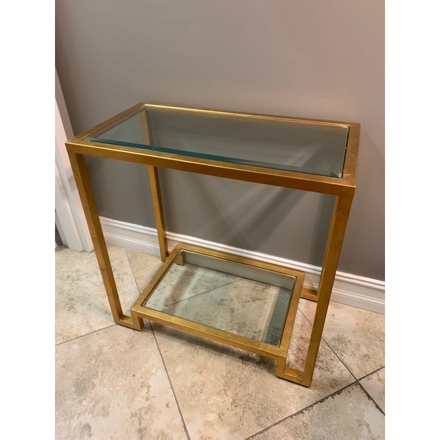 Late 20th Century Vintage Gold Leaf Double Shelf Glass Console Table For Sale - Image 4 of 12