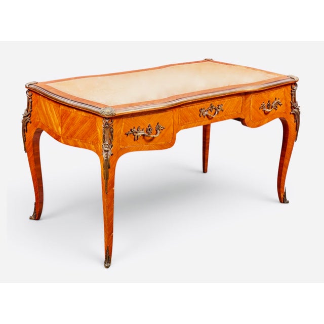 French Provincial French Louis XV Parquetry & Gilt-Bronze Leather-Top Bureau Plat, Circa 1900 For Sale - Image 3 of 8