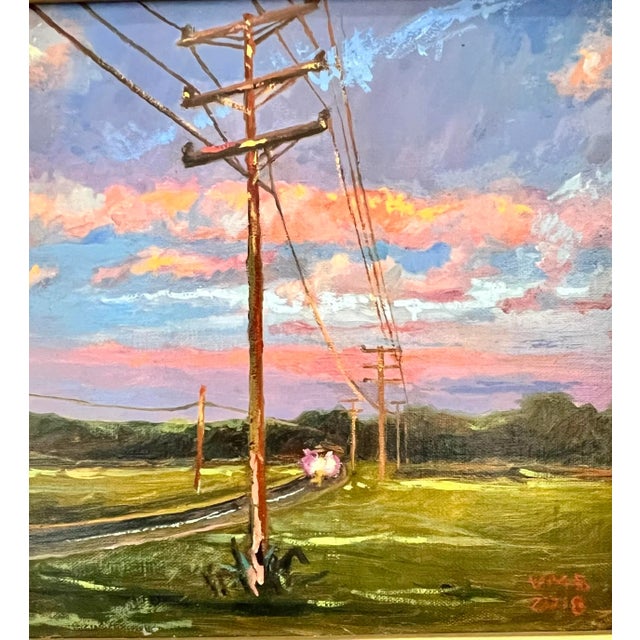 Original colorful oil painting depicting a road at sunset in Connecticut. By noted New England artist Virginia Bilodeau....