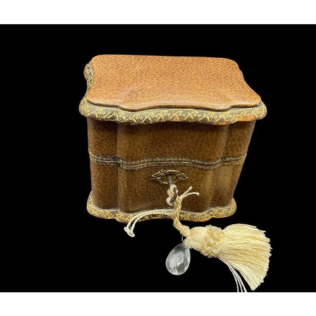 Antique Traveling Perfume Bottle in Leather Bound Ornate Case and Blue Velvet, 1800s For Sale - Image 9 of 12