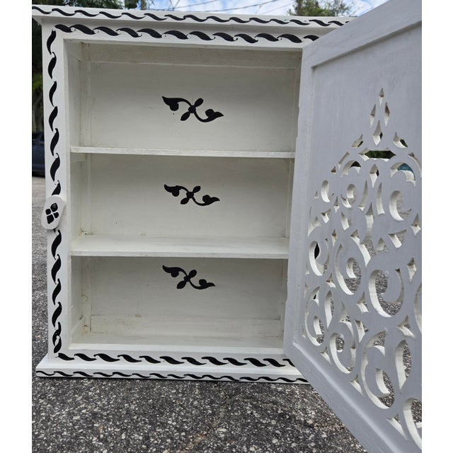 Hand Painted Mediterranean Medicine Cabinet / Wall Shelf / White and Black Zouak For Sale In Orlando - Image 6 of 7