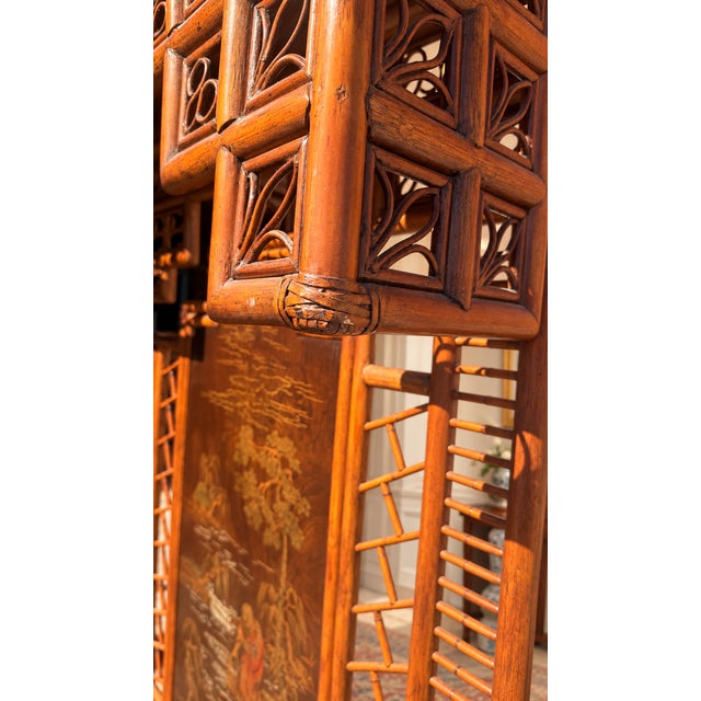 1970s Henredon Chinoiserie Bamboo King Headboard With Gilt Landscape Panels For Sale - Image 9 of 12