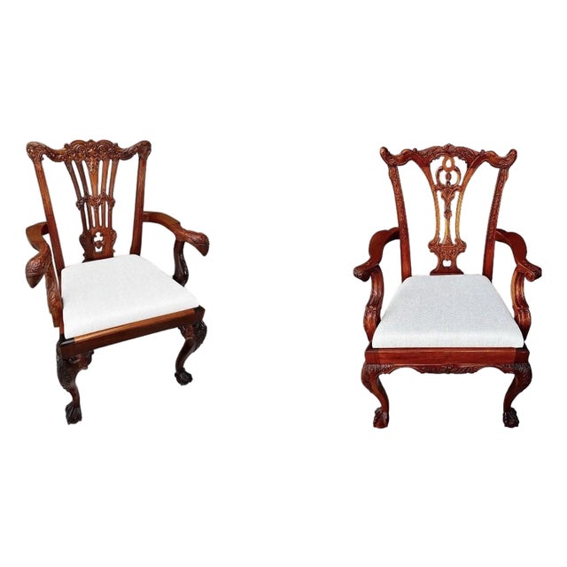 Vintage Mid-Late 20th Century Carved Mahogany Georgian Chippendale Ball & Claw Feet Arm Chairs- Set of 2 For Sale