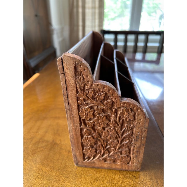 Anglo Indian Kashmiri Wood Carved Desk Letter Stationery Rack Handmade For Sale - Image 4 of 5
