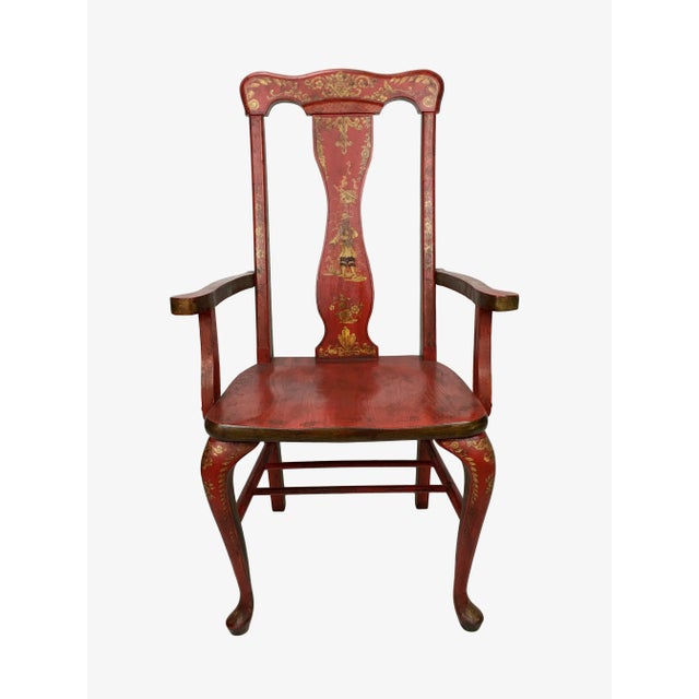 Early 20th Century Vintage Red Lacquer Chinoiserie Style Wooden Arm Chair For Sale In New York - Image 6 of 6