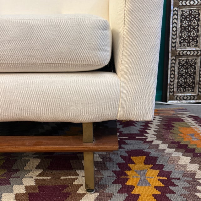 1950s Linen Colored Walnut and Brass Frame 8.5 Feet Long Tuxedo Back Sofa For Sale In Miami - Image 6 of 12