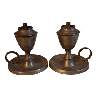 Pair Antique Pewter Whale Oil Finger Lamps Single Tube Drop Burners C. 1830-1850 For Sale