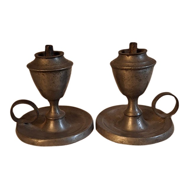 Pair Antique Pewter Whale Oil Finger Lamps Single Tube Drop Burners C. 1830-1850 For Sale
