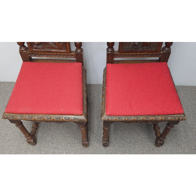 Brown Mid 20th Century Pair Jacobean Style Carved Oak and Caned Seat Side Chairs For Sale - Image 8 of 14