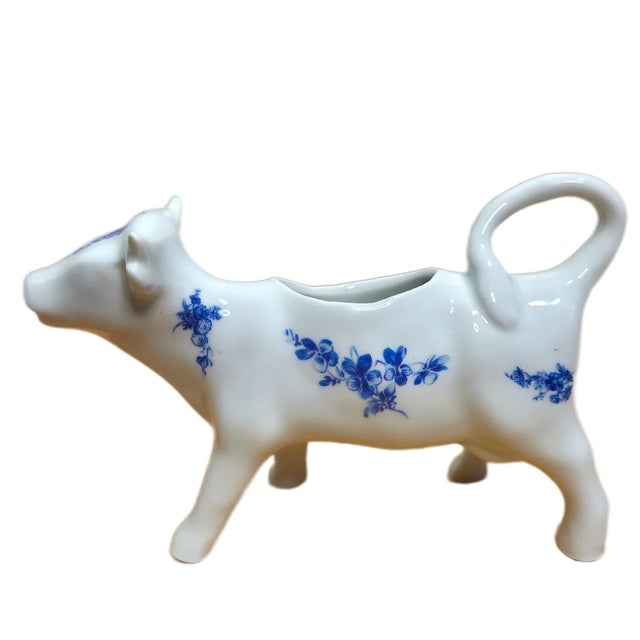 1950s French Porcelain Cow Creamer – Blue Floral Pattern | Marked “France f.d. Véritable Porcelaine” | 7” Long Ceramic Pitcher For Sale - Image 9 of 14