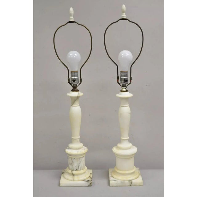 Vintage Italian Classical Carved White Marble Column Table Lamps - A Pair For Sale - Image 11 of 13