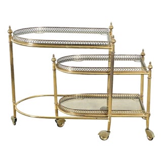French Vintage Set of Brass & Glass Nesting Trolleys For Sale