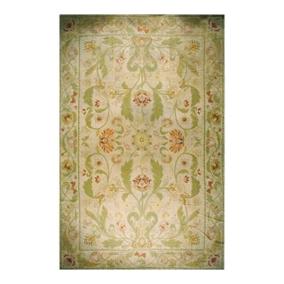 1930s Beige Foliate Antique Portuguese Arraiolos Needlepoint Rug 14'2" X 23' Handmade Wool Carpet For Sale