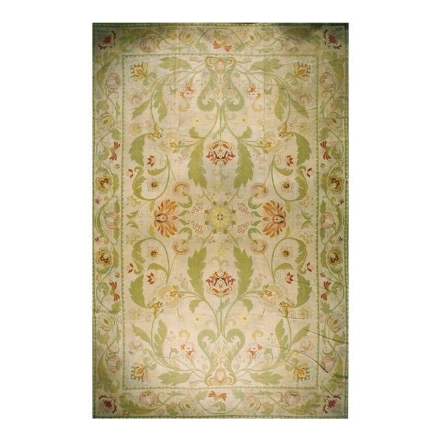1930s Beige Foliate Antique Portuguese Arraiolos Needlepoint Rug 14'2" X 23' Handmade Wool Carpet For Sale
