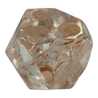 1970s Lucite Pen Holder With Suspended Pennies For Sale