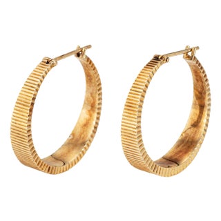 Oval Shimmer Hoop Earrings Vintage 14k Yellow Gold 1" Drops Estate Jewelry, Pair For Sale