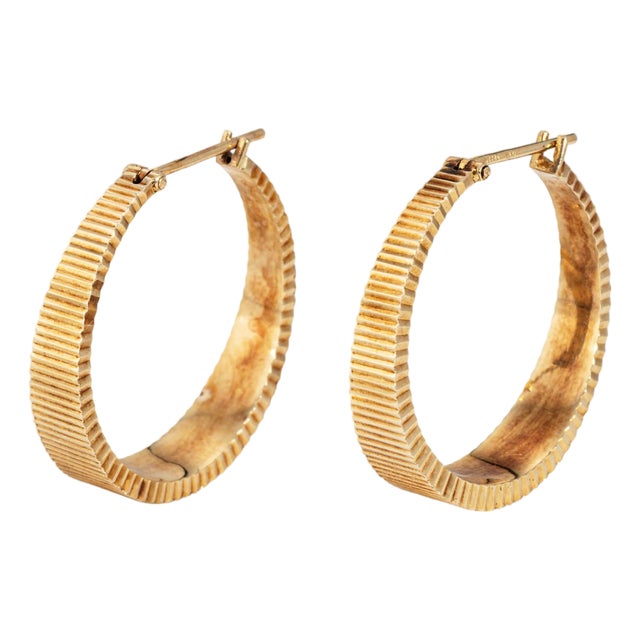Oval Shimmer Hoop Earrings Vintage 14k Yellow Gold 1" Drops Estate Jewelry, Pair For Sale