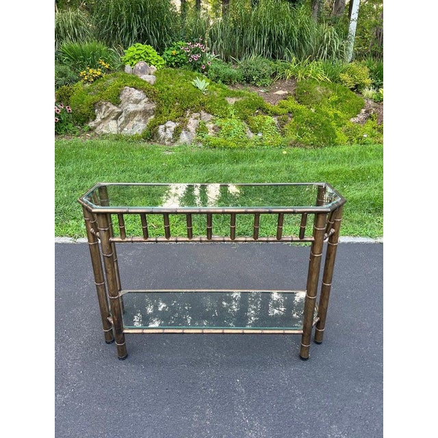Chinoiserie Faux Bamboo Bronze Metal and Glass Sofa Table For Sale - Image 3 of 18
