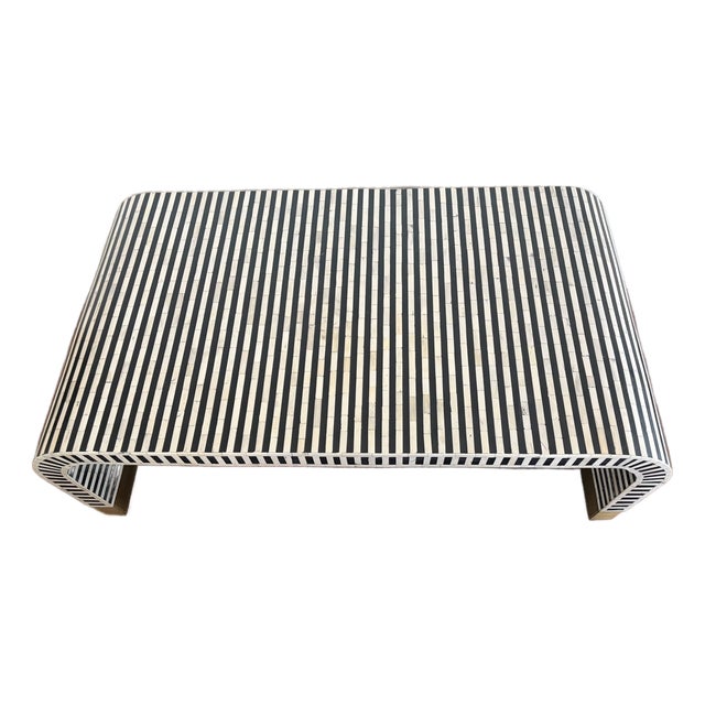Indian Bone Inlay Coffee Table With Brass Accents – 52” Modern Sculptural Form For Sale