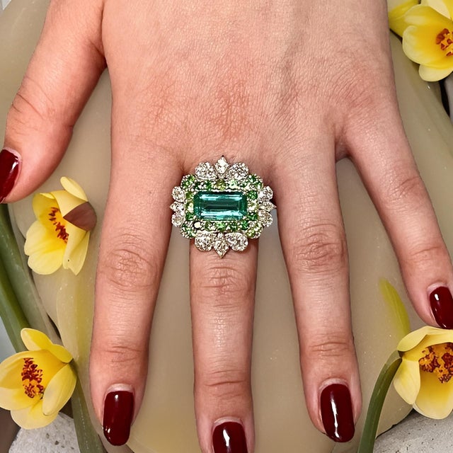 Natural Emerald Tsavorite Diamond Ring 6.75 14k White Gold 9.22 TCW Certified For Sale - Image 12 of 17