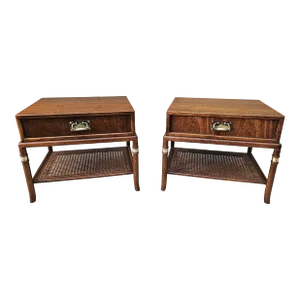Mid 20th Century Vintage Hickory Manufacturing Co. Faux Bamboo Paldao Veneer Campaign Style Cane Bottom Side Tables (Pair)