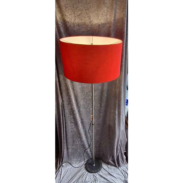 Vintage Brutalist Floor Lamp with Metal Base and Red Fabric Shade, 1970s For Sale - Image 3 of 9