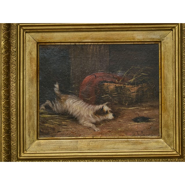 J. Langlois Oil on Board Dog Painting of a Terrier Chasing a Mouse in Gilt Frame For Sale - Image 10 of 12