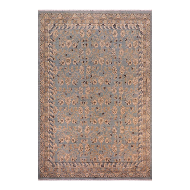 1990s Boho Chic Ziegler Blue Beige Hand-Knotted Wool Rug - 7'11'' X 9'9'' For Sale