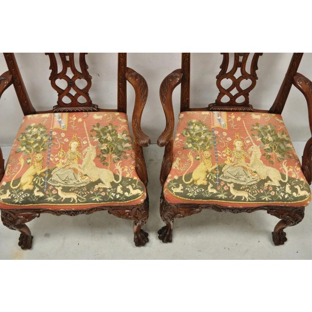 Maitland - Smith Late 20th Century Maitland Smith Georgian Carved Mahogany Needlepoint Dining Arm Chairs - A Pair For Sale - Image 4 of 11