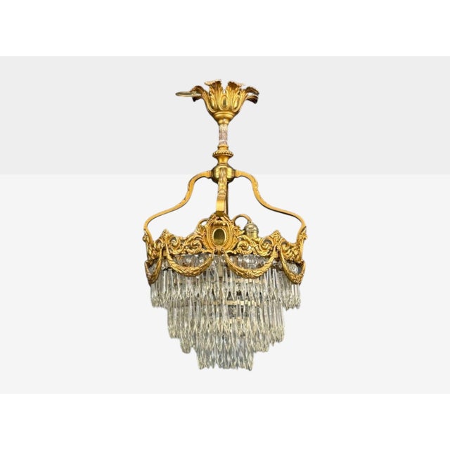 French Louis XVI, Chandelier or Pendant Light, Dore Bronze, Crystal, France, 19th Century An outstanding quality Dore...