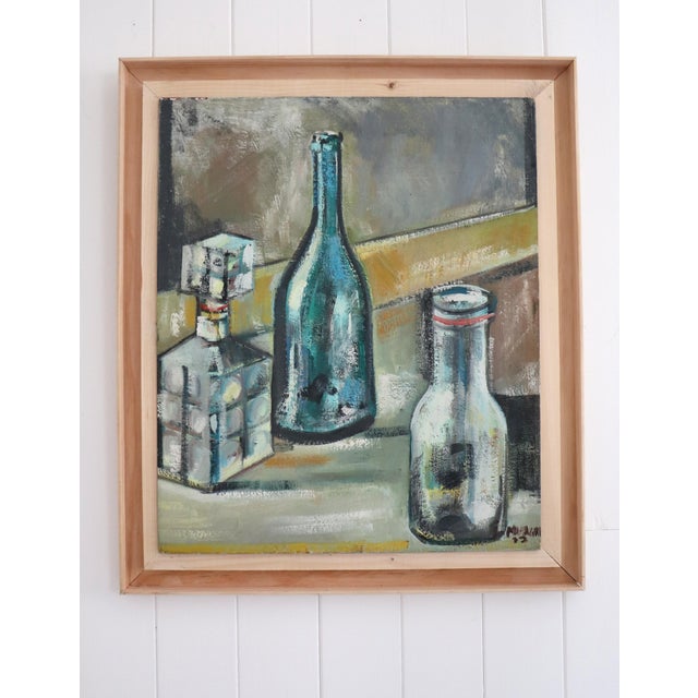 Oil on canvas mounted on cardboard depicting a composition of bottles and flasks. The work is signed and dated 1977 by the...