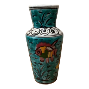 Mid 20th Century Ikaros Handmade Hand Painted Pottery in Rhodes Greece Aquatic Theme Mini Vase