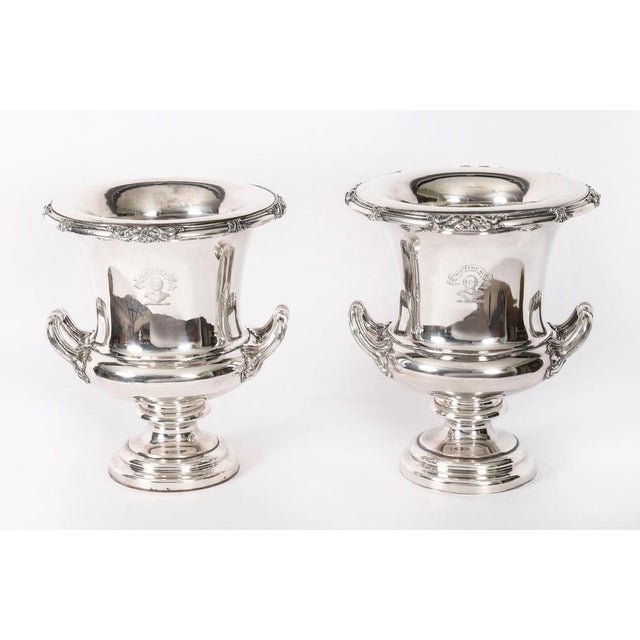 This is a fine and rare pair of antique English Old Sheffield Plate, silver on copper, George III wine coolers, Circa 1780...